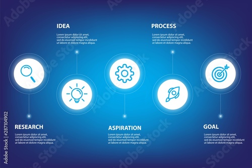 5 steps infographic with circles light blue and arrow