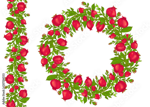 Seamless endless border round of hand drawn ripe pomegranates with leaves and branches vector illustration