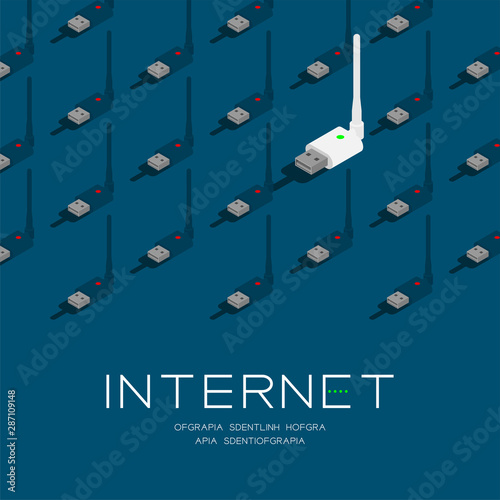 USB wireless adapter online and offline 3D isometric pattern, Internet wifi connect technology concept poster and social banner post square design illustration isolated on blue background, vector eps