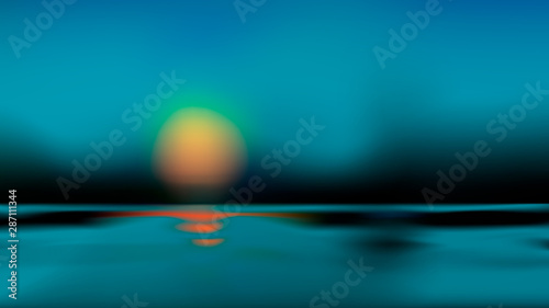 Blurred blue sundown on forest lake backdrop with light bokeh water surface. Dark nature blur background abstract art. Vector illustration in colors sunset.