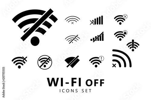 Offline wifi icons set. Wifi off icons. Wi-Fi off icons. Disconnected wireless network icons photo