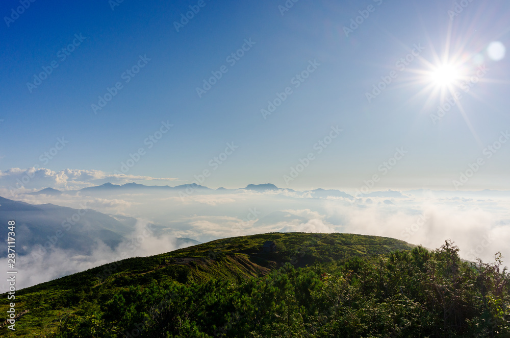 Dawn with sea of clouds at mountains landscape in Hakuba Happo-one Japan