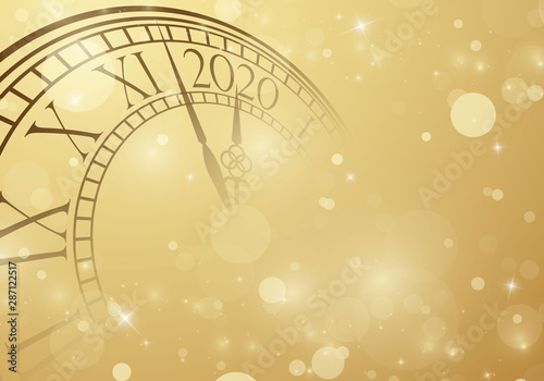 Happy new year 2020 greeting card shining background with clock vector illustration