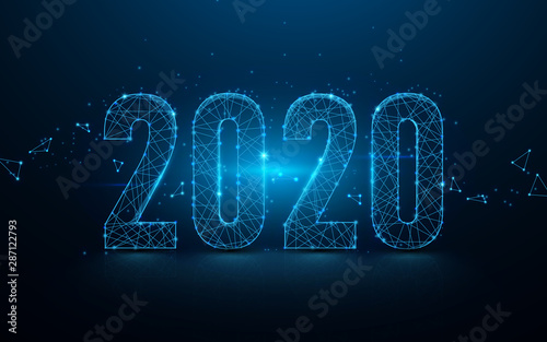 Happy new year 2020 banner from lines, triangles and particle style design. Illustration vector