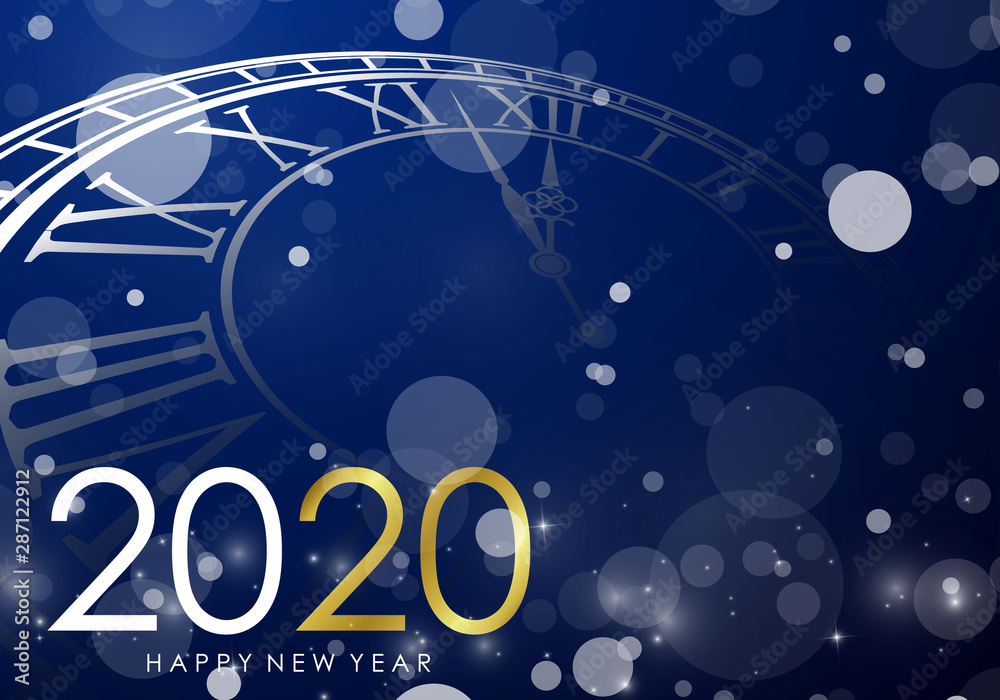 Happy new year 2020 greeting card shining background with clock vector illustration Happy new year 2020 greeting card shining background with clock vector illustration