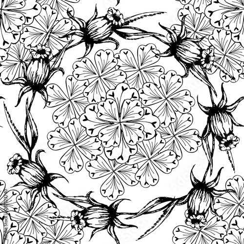 Pattern of abstract flowers and wreaths