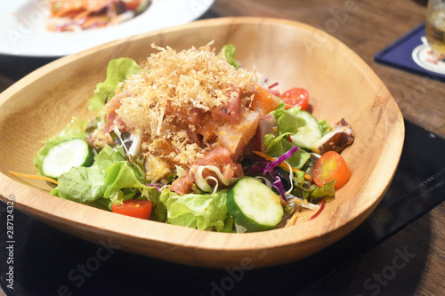 kaizen salad,sashimi salmon salad with vegetables delicious japanese food