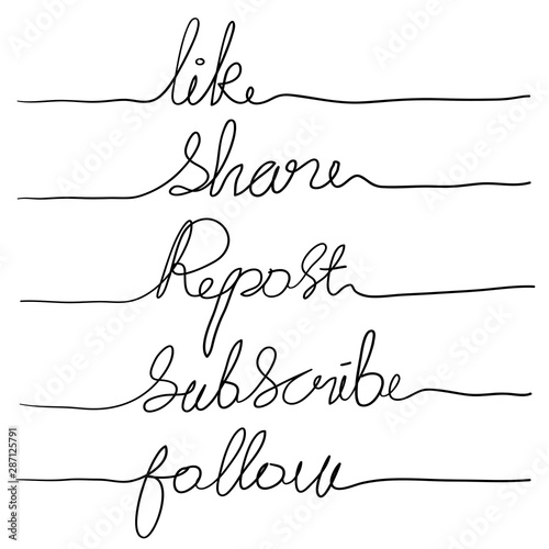 set of like share repost subscribe follow hand lettering illustration doodle vector