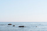 Calm coastal view with birds on the rocks in the water