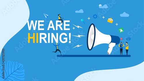 Website or landing page of We are hiring with Tiny People Character Concept Vector Illustration, Suitable For web landing page,Wallpaper, Background, Card, banner,Book Illustration