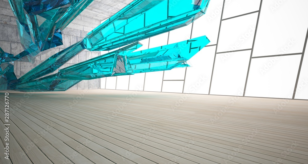 Fototapeta premium Abstract concrete, glass and wood interior with window. 3D illustration and rendering.