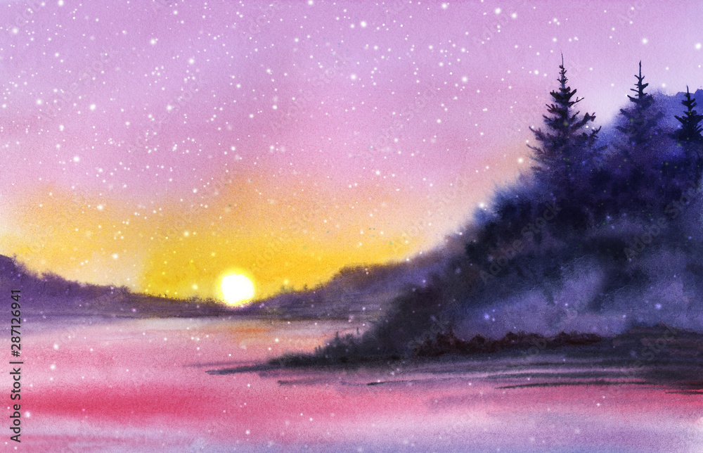 Watercolor landscape. Dark silhouette of purple misty Christmas trees. Mass of forest against the pink sky. Evening forest. Sunset sun. Early Morning. Falling snow. Hand-drawn on paper illustration