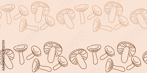 Hand drawn seamless border with mushrooms. Graphic vector illustration. pastel color. Organic vegetarian product.