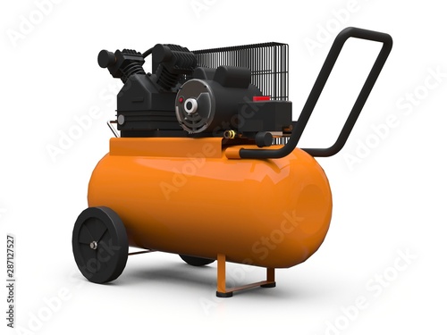 Orange horizontal air compressor isolated on a white background. 3d illustration.