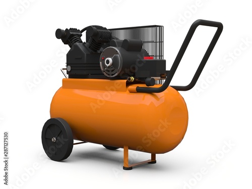 Orange horizontal air compressor isolated on a white background. 3d illustration.