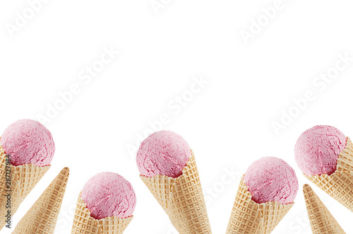 Strawberry ice cream in crisp waffle cones as decorative frame isolated on white background, mock up, copy space.