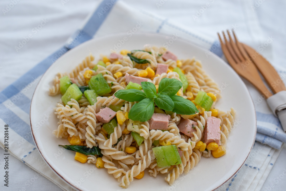 Healthy home made pasta salad with vegetables