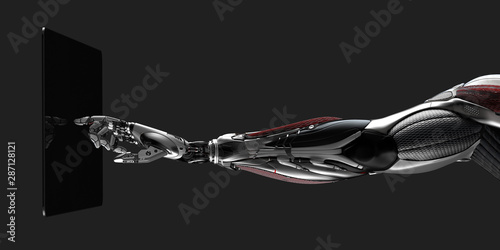 Robot arm touching screen, flat background, 3d render