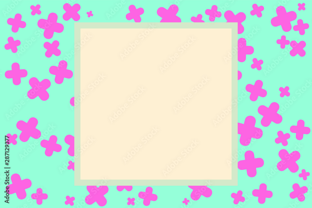 Bright curved vector frame for a photo or image in vintage style on a on a light blue background with pink crosses. Nice and pretty. Suitable for children, adults and hipsters.