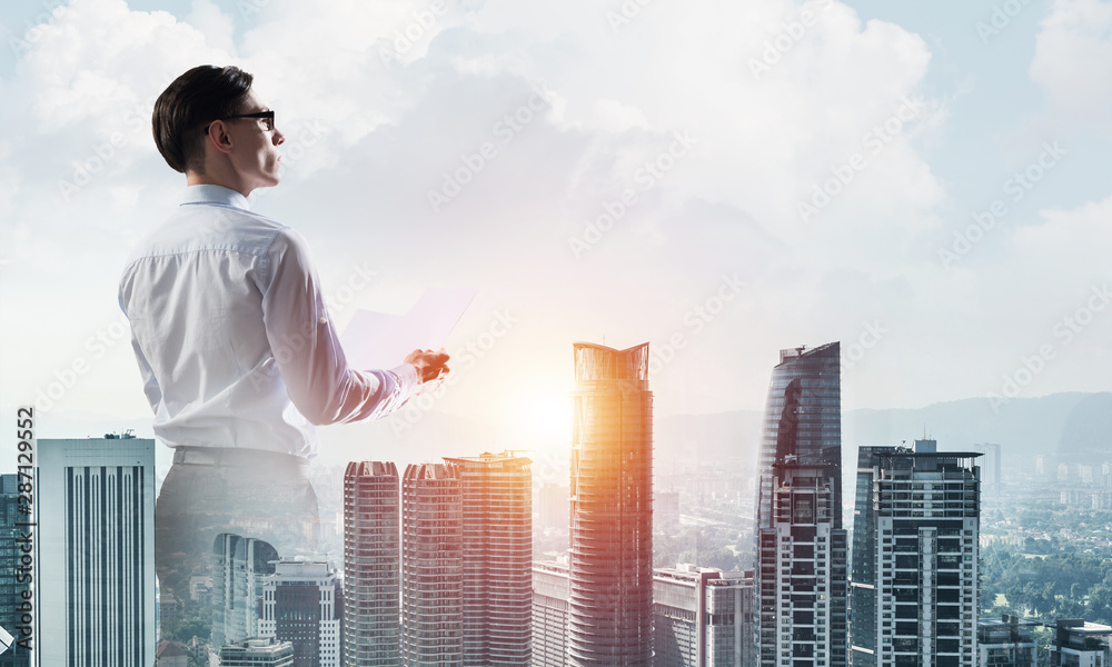 Concept of business success and control with confident boss against cityscape background Concept of business success and control with confident boss against cityscape background