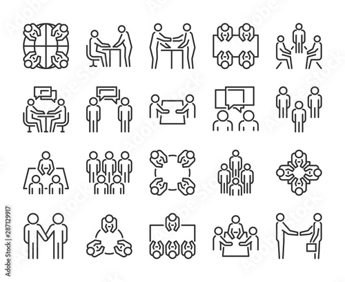 Team icon. Meeting line icons set. Vector illustration.