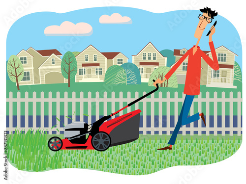 Drawn cheerful character mows grass with a lawn mower and talks on the phone. Vector full color graphics