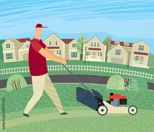 Drawn man mows grass with a lawn mower on the background of houses. Vector full color graphics