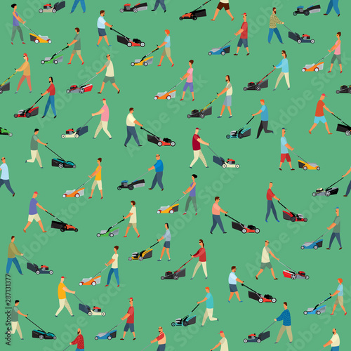 Seamless pattern. Many different people mow grass with different lawn mowers. Vector full color graphics