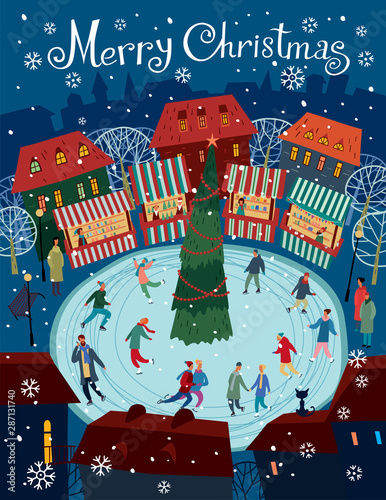 Greeting card Merry Christmas. People ride an ice rink around the Christmas tree at the Christmas market. Vector full color graphics