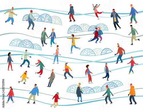 Seamless pattern. Various people skate on an ice rink among decorative bushes. Vector full color graphics