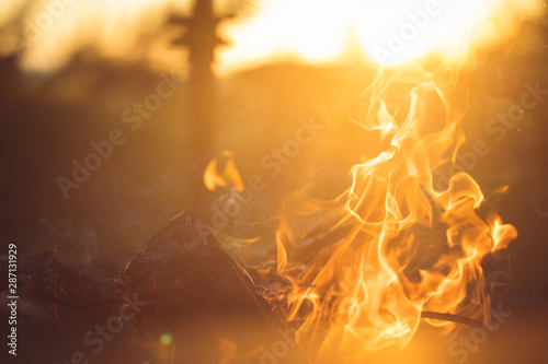 Tela bonfire burning with sunset in the background