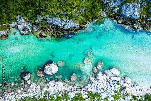 Beautiful Soca River in Slovenia europe. Aerial Shot of the Valley.