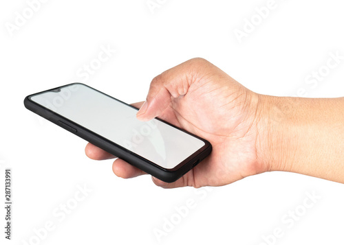 Hand holding smartphone isolated on white background with clipping path