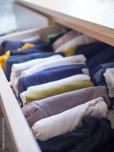 Clothes neatly folded in a chest of drawers .
