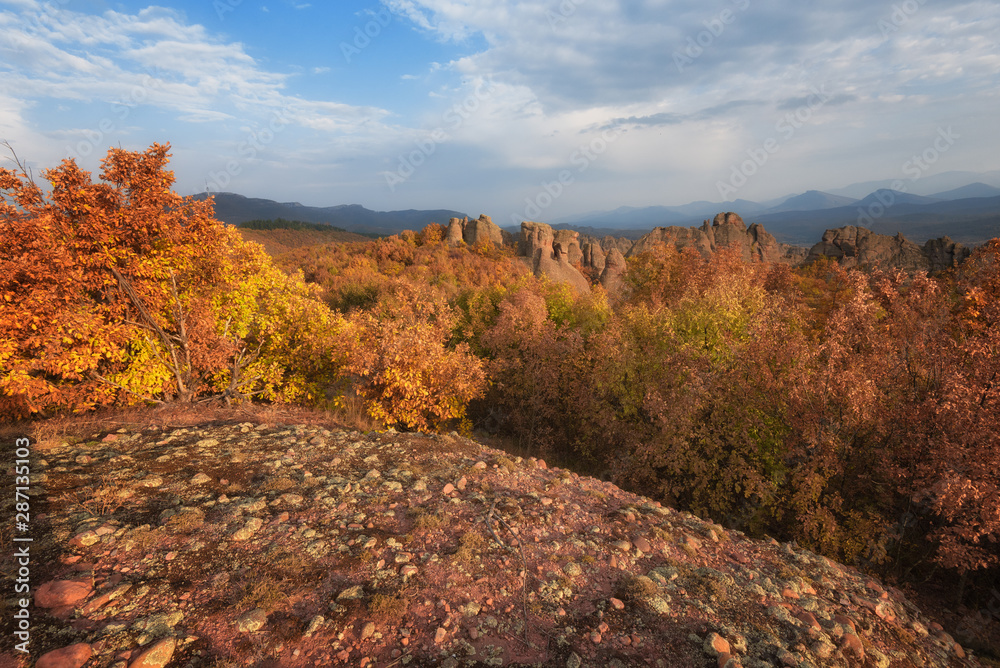 Obraz premium Belogradchik rocks. Magnificent morning view of the Belogradchik rocks in Bulgaria, lit by the autumn sun.