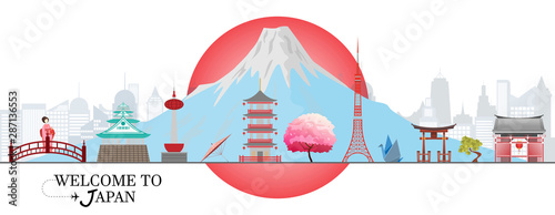 Panorama travel postcard, tour advertising of Japan. Vector illustration.