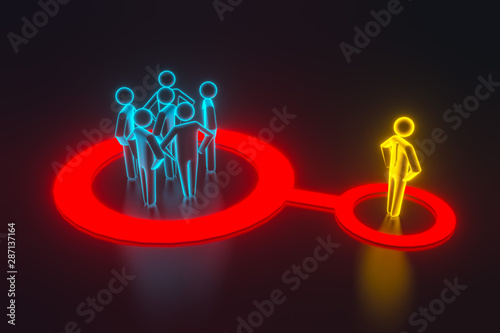 The gold 3d figure of a person influences a crowd of people. Expressing your own opinion, turning to your side. 3d rendering photo