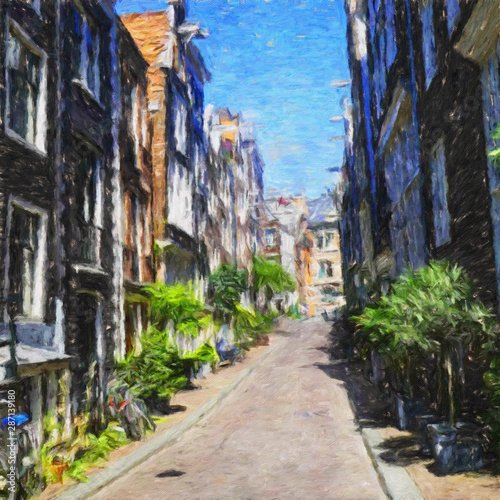 Fototapeta Naklejka Na Ścianę i Meble -  Oil painting colorful old european street view. Digital drawing print for canvas, paper. Contemporary fine impressionism art. Postcard, poster, stationary design. Travel in Europe, beautiful houses.