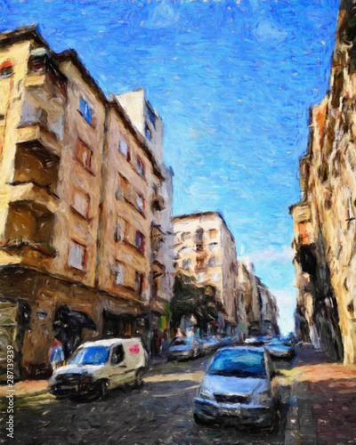 Oil painting colorful old european street view. Digital drawing print for canvas, paper. Contemporary fine impressionism art. Postcard, poster, stationary design. Travel in Europe, beautiful houses. © Katsiaryna