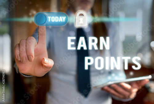 Writing note showing Earn Points. Business concept for getting praise or approval for something you have done Modern technology Lady front presenting hands blue glow copy space