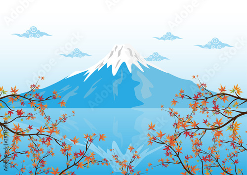 Mountain fuji, famous landmarks of Japan with maple leaf vector illustration.