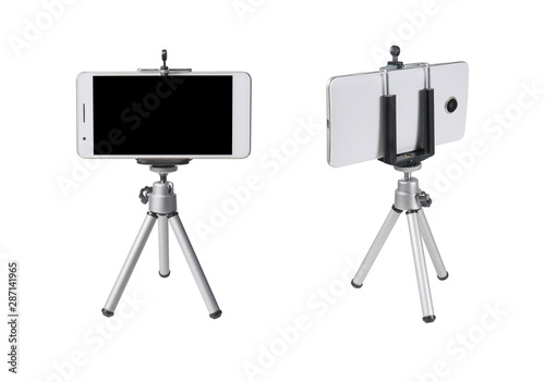 Foto Mobile Phone  on tripod for take photos isolated on white background with clippi