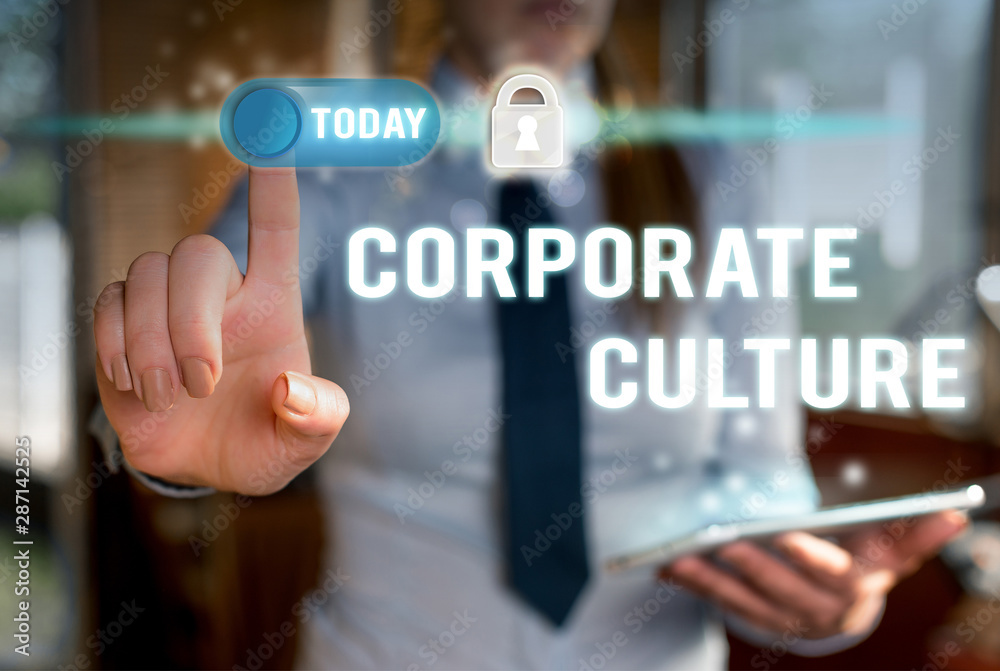 Writing note showing Corporate Culture. Business concept for pervasive values and attitudes that characterize a company Modern technology Lady front presenting hands blue glow copy space Writing note showing Corporate Culture. Business concept for pervasive values and attitudes that characterize a company Modern technology Lady front presenting hands blue glow copy space