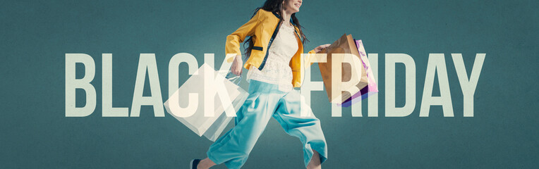 Black friday advertisement with cheerful shopping girl