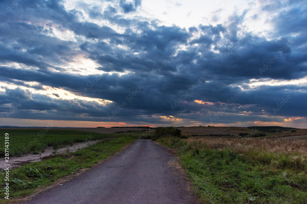 A hunting season with landscapes of the Ukrainian field with agricultural crops on a background of dramatic sky.