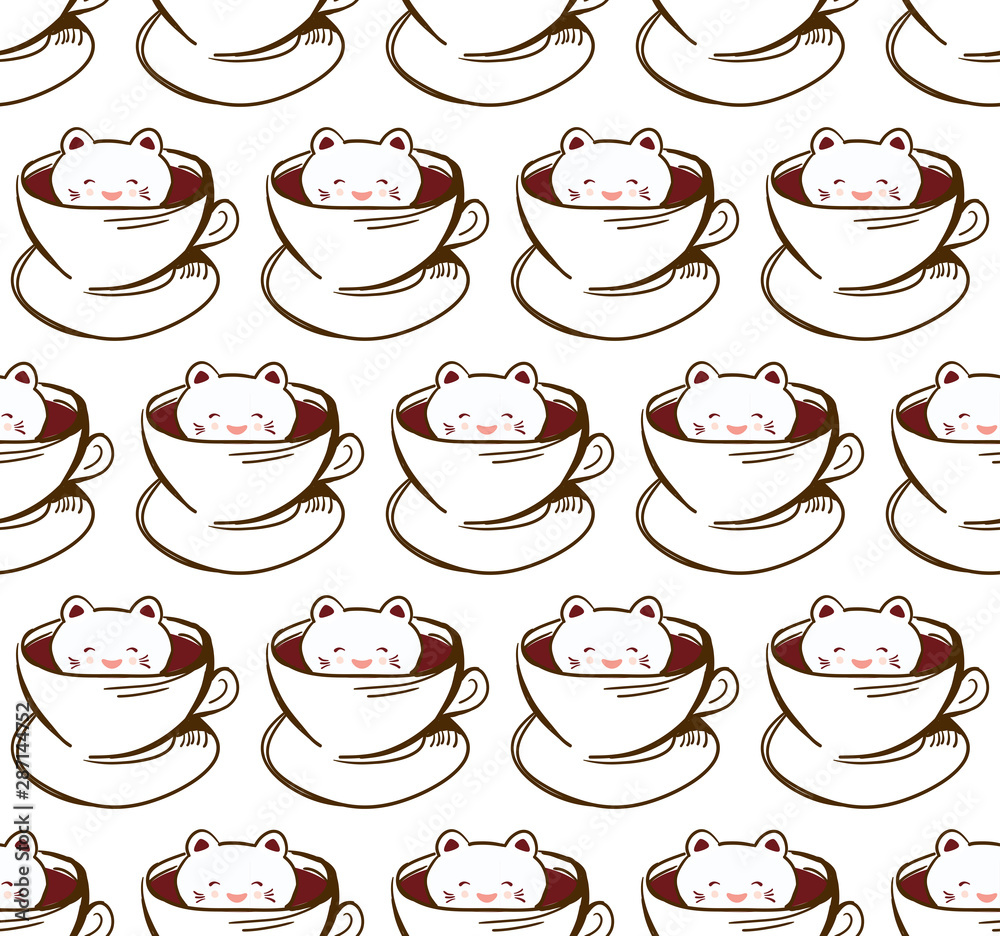 Fototapeta premium Seamless pattern Cute Kawai cat in cup of froth art coffee, isolated on white background. Latte Art 3D. milk foam top on the cup of hot chocolate. Doodle sketch. Vector