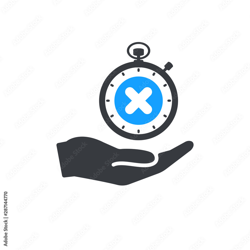 Time management icon with cancel sign, close, delete, remove symbol. Hand holding stopwatch Time management icon with cancel sign, close, delete, remove symbol. Hand holding stopwatch