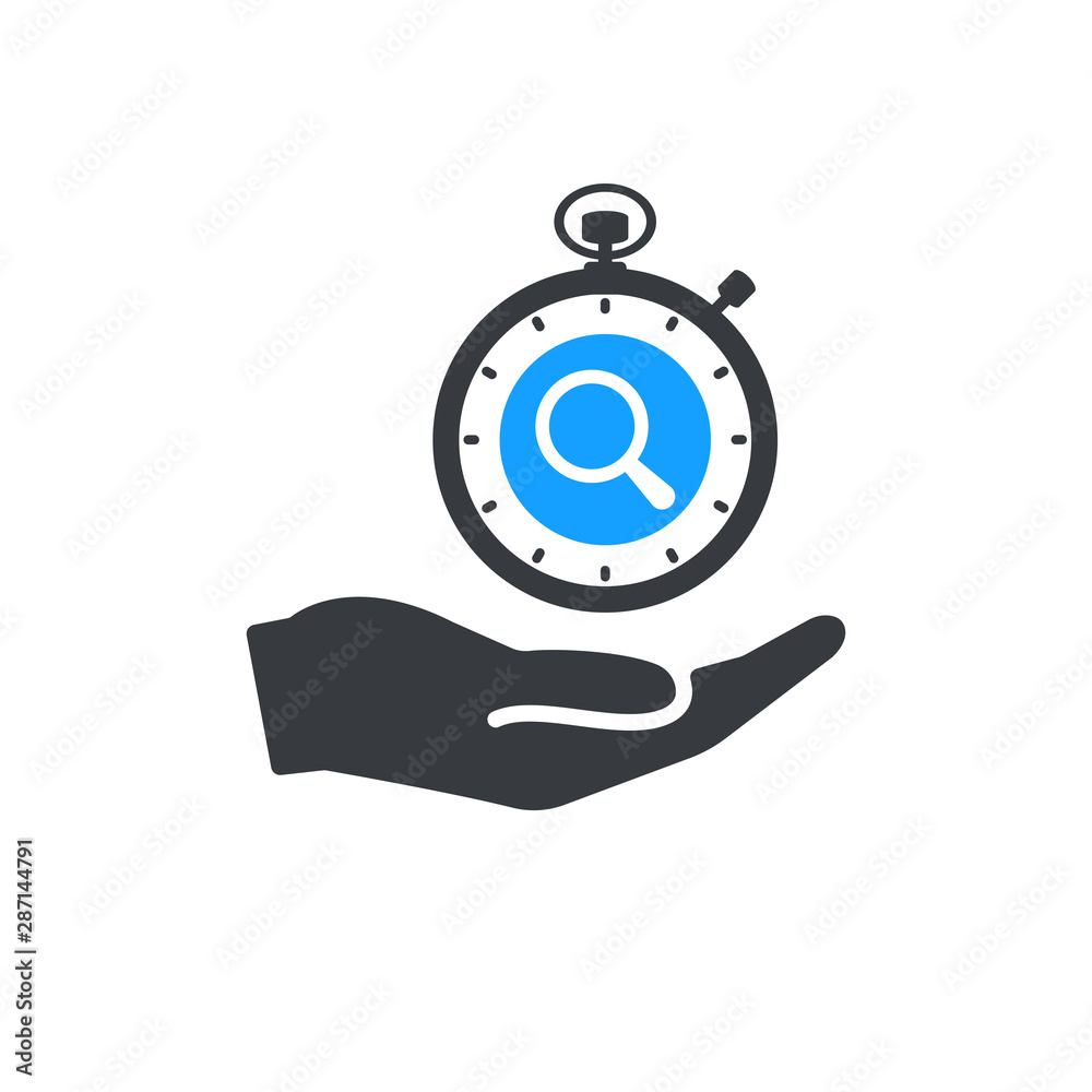 Time management icon with research sign, explore, find, inspect symbol. Hand holding stopwatch Time management icon with research sign, explore, find, inspect symbol. Hand holding stopwatch