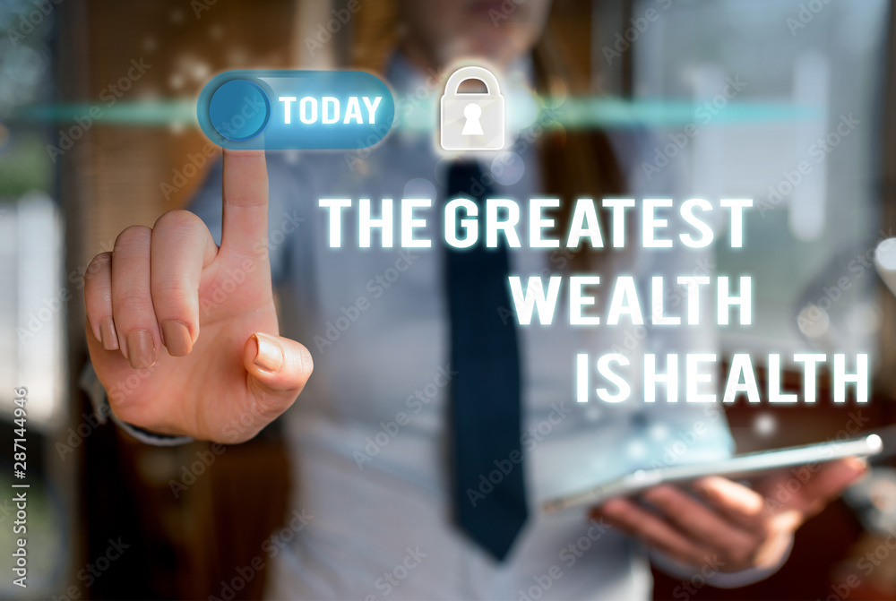 Writing note showing The Greatest Wealth Is Health. Business concept for Many sacrifice their money just to be healthy Modern technology Lady front presenting hands blue glow copy space Writing note showing The Greatest Wealth Is Health. Business concept for Many sacrifice their money just to be healthy Modern technology Lady front presenting hands blue glow copy space