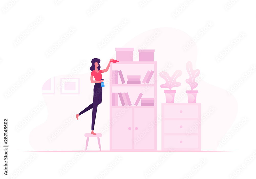 Housewife Cleaning Book Shelves with Duster and Water Sprayer. Woman Wiping Furniture at Home on Weekend. Girl Dusting Modern Apartment Interior, Housework Concept Cartoon Flat Vector Illustration